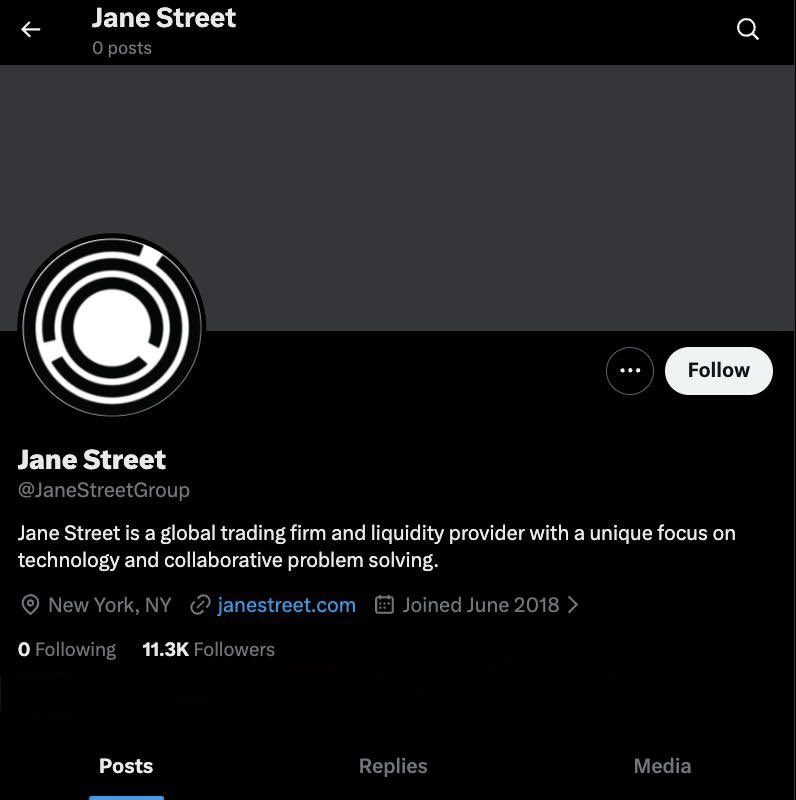 Perfil da Jane Street no X mostrando 0 posts e 11.3K seguidores
